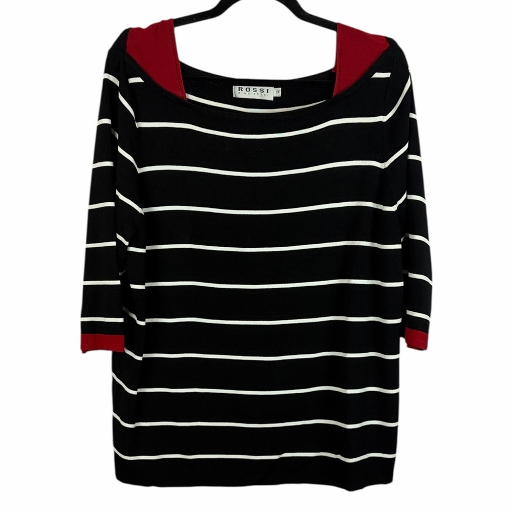Rossi Classic Striped 3/4 Sleeve Boat Neck Nylon Blend Knit Top XL Black White